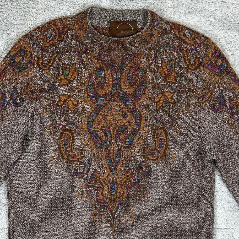 Bogner Womens Brown Paisley Intarsia Wool Blend Knit Crew Neck Sweater Sz 8 VTG
